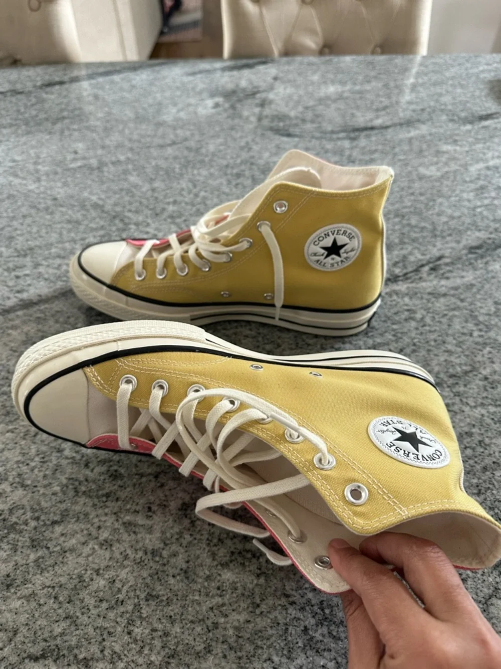 Two-Tone High Top Converse Canvas Sneakers in Coral & Yellow - Picture 6 of 11